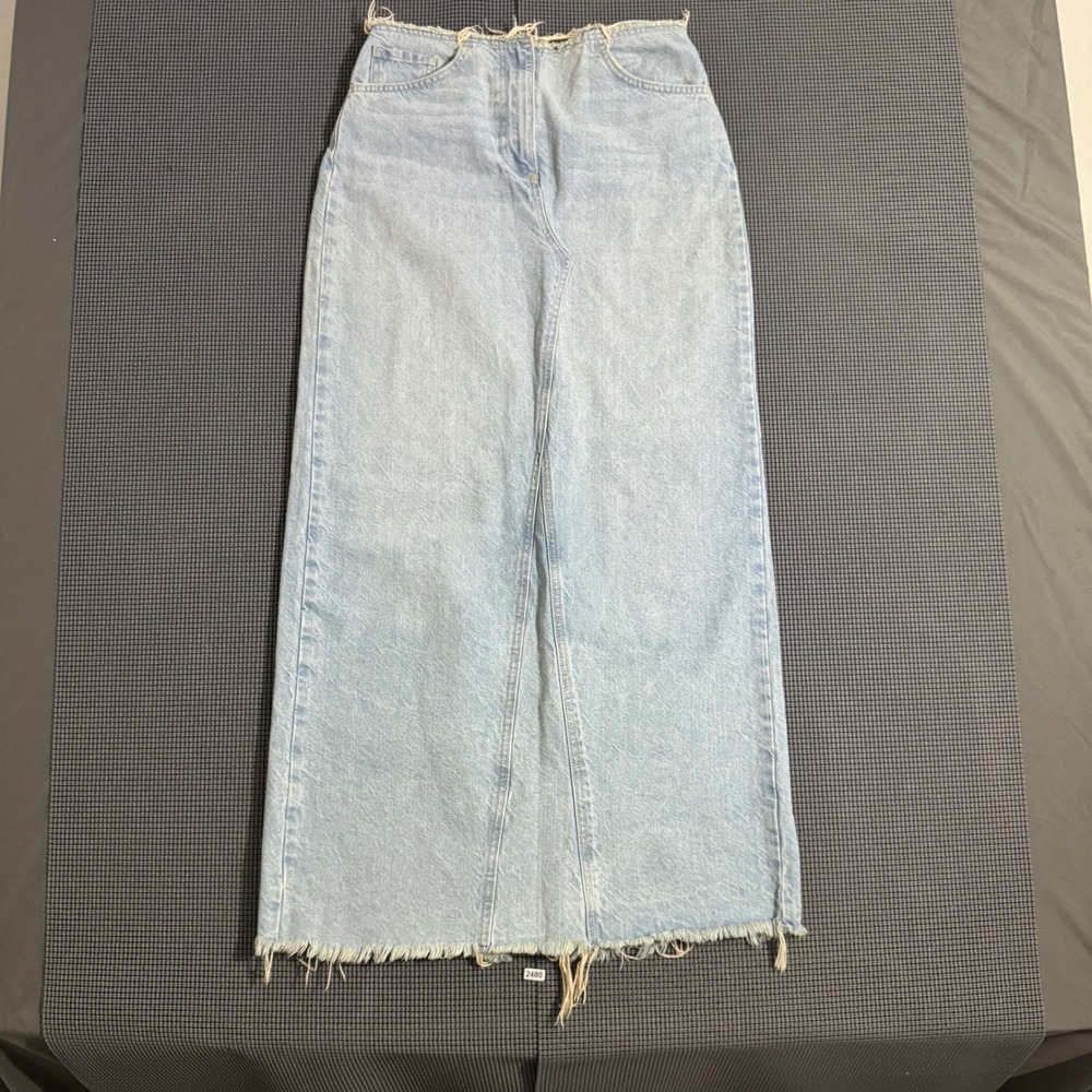 MNG Mango Light Wash Denim Maxi Skirt Size S Raw Hem Frayed Waist Slit